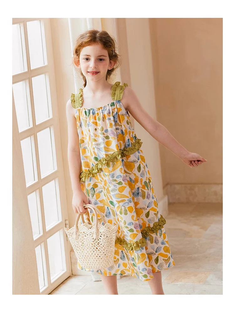 Ärmelloses Sommerkleid für Mädchen im chinesischen Stil aus 100% Baumwolle mit kleinem Blumenmuster – Cheongsam für Kinder von 3 bis 14 Jahren