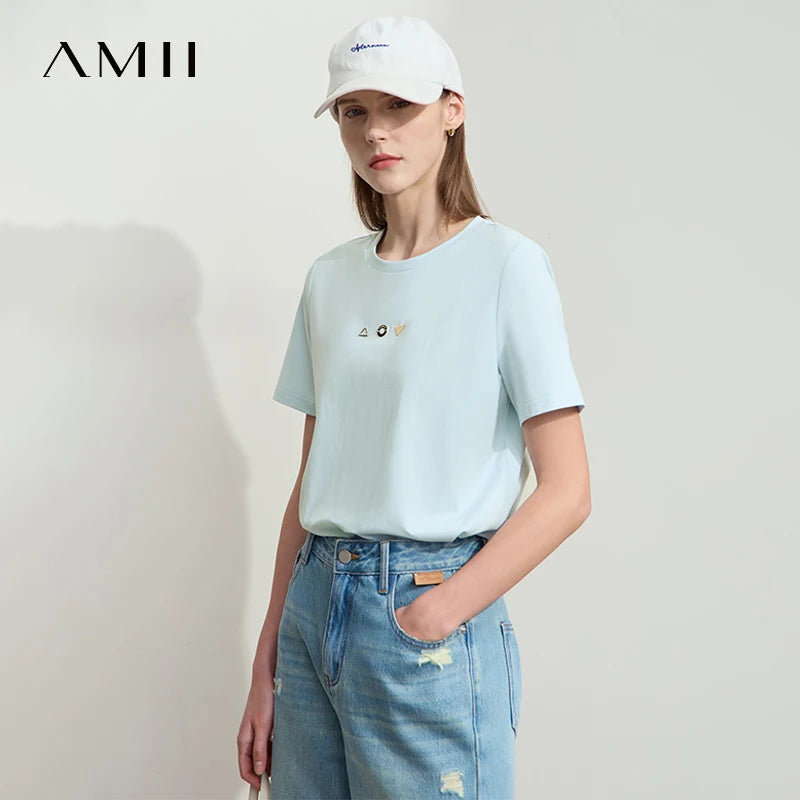 Damen T-Shirt mit O-Ausschnitt und geometrischer Dekoration aus antibakterieller Baumwolle