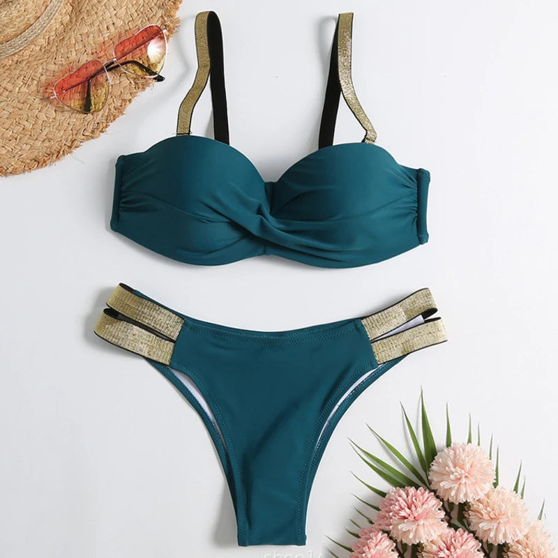 Sexy Bikini-Set in Rosenrot mit Strasssteinen – Push-Up-Badeanzug für Damen am Strand oder Pool
