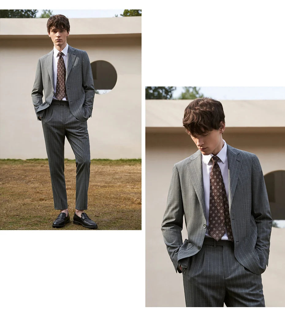 Eleganter Herrenanzug aus 67% Wolle: Grauer Nadelstreifen, Einreiher, Business & Hochzeit, Slim Fit