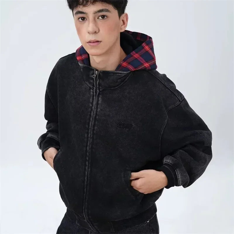 Herbst Plaid Zipper Mit Kapuze Sweatshirts Für Männer Y2K Vintage Streetwear Patchwork Jacken Weibliche Harajuku Mode Hoodies Mäntel