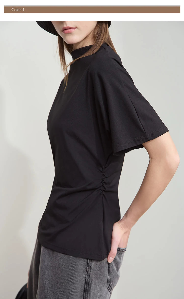 Damen T-Shirt im minimalistischen Sommer-Stil mit solidem Rollkragen und Kurzarm
