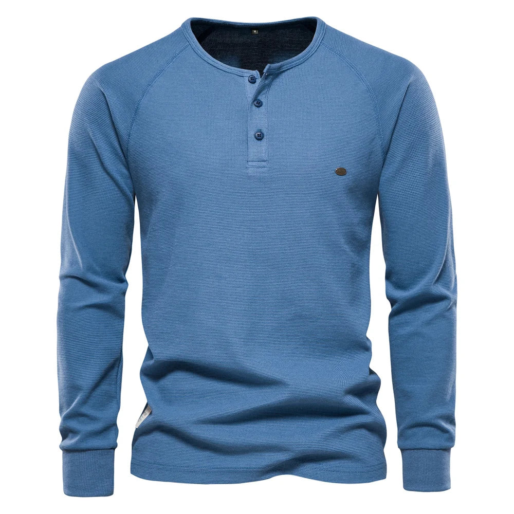 Herren Langarm Waffel Henley T-Shirt in fester Farbe für den Herbst