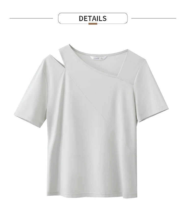 Damen T-Shirts im Minimalismus-Stil mit asymmetrischem V-Ausschnitt und kurzen Ärmeln