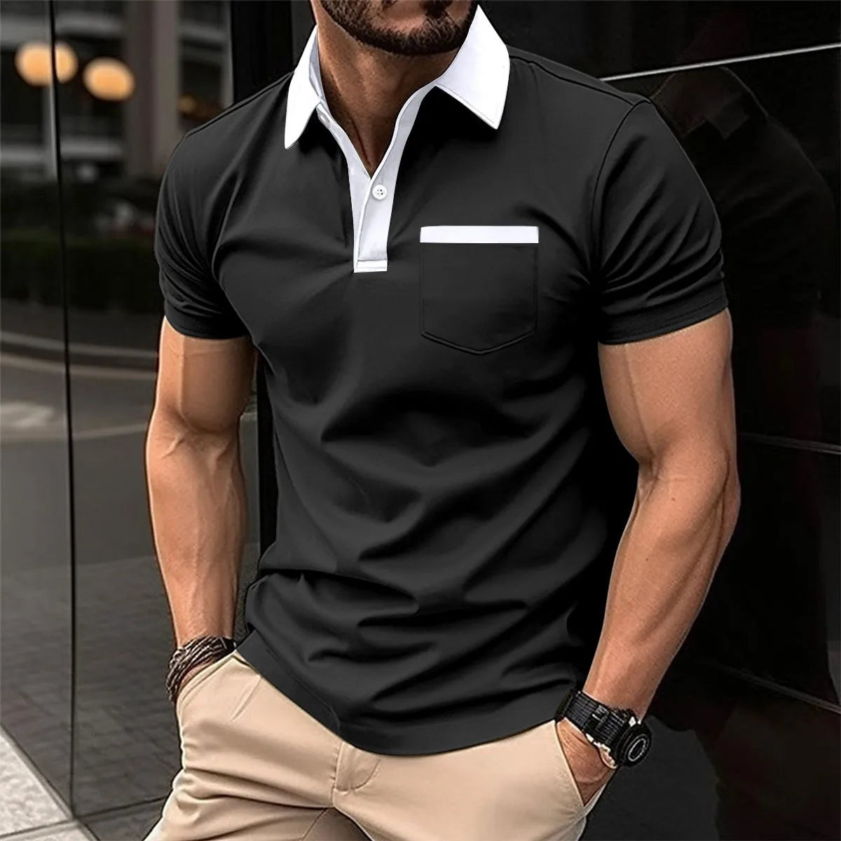 Herren-Casual-Poloshirt mit V-Ausschnitt und Knopfleiste – gestreiftes, vielseitiges Business-T-Shirt