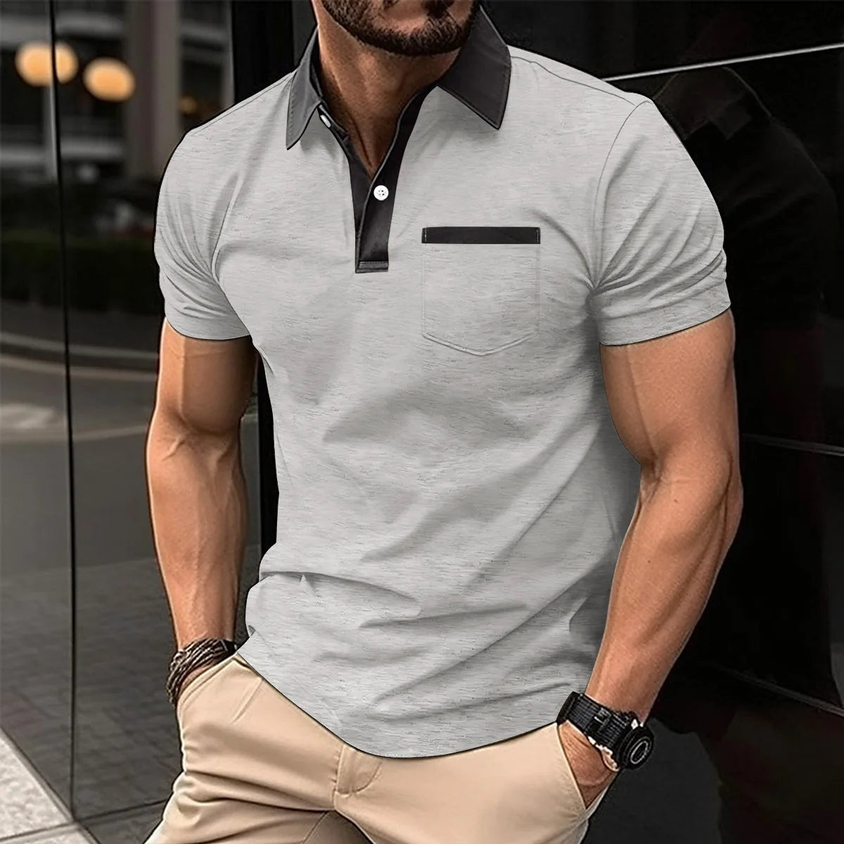 Herren-Casual-Poloshirt mit V-Ausschnitt und Knopfleiste – gestreiftes, vielseitiges Business-T-Shirt