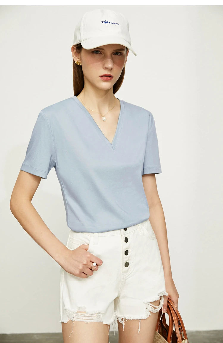 Damen Tops im Minimalismus-Stil mit V-Ausschnitt und kurzen Ärmeln