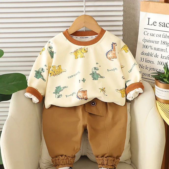 Kinder Hoodie-Set mit Cartoon-Dinosaurier-Pullover und lockeren Hosen für Jungen