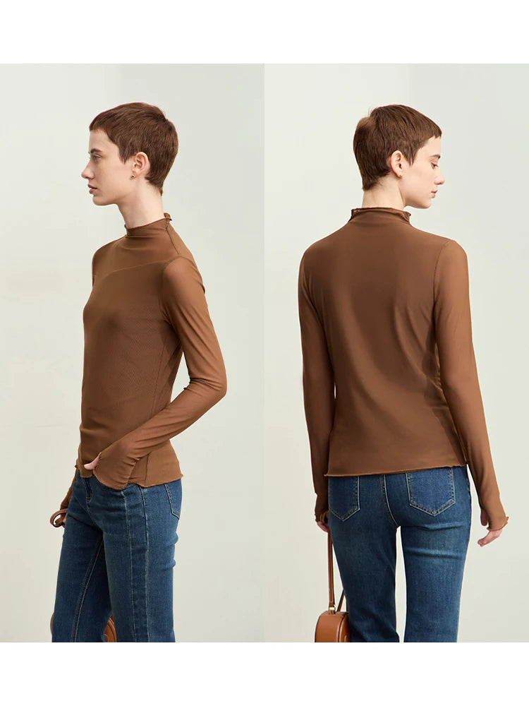 Damen Mesh-T-Shirt im minimalistischen Design mit halbhohem Ausschnitt