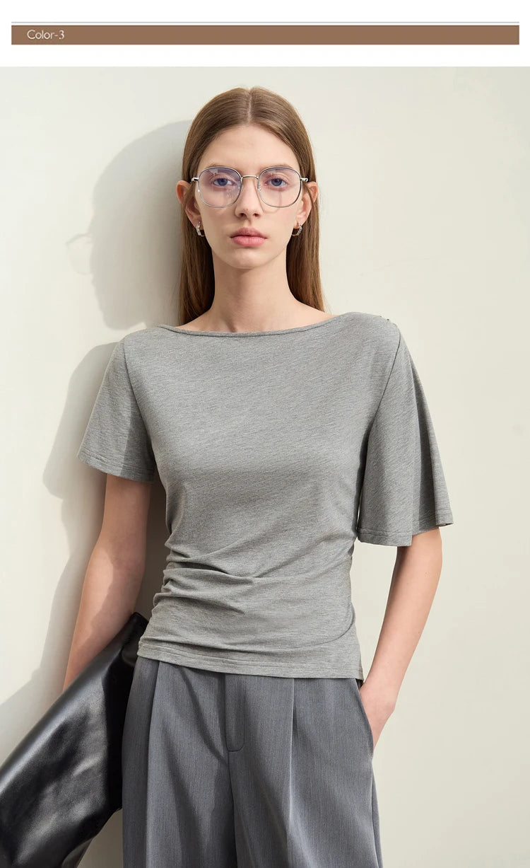 Damen T-Shirt im Minimalismus-Stil mit asymmetrischem Slash Neck und Raffen