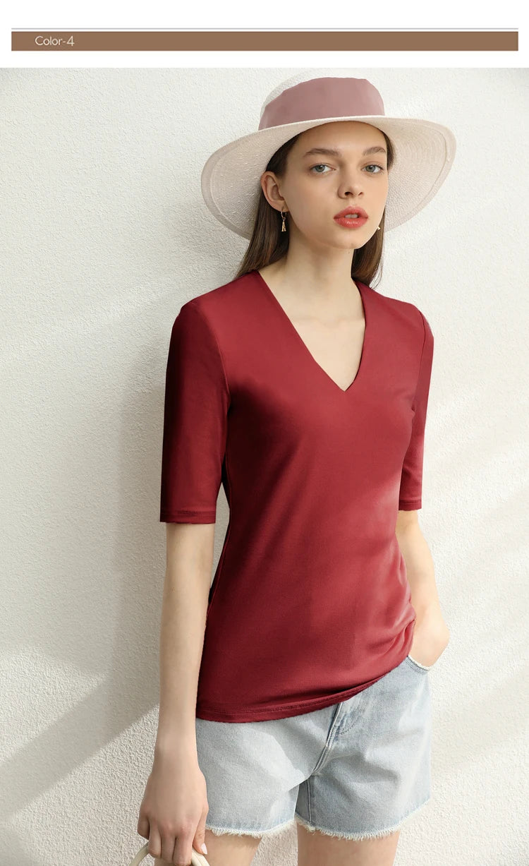 Damen T-Shirt im Minimalismus-Stil mit V-Ausschnitt und halben Ärmeln