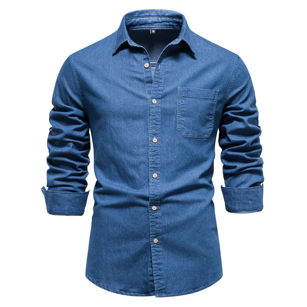 Herren Hemd aus Baumwolle im einfarbigen Denim-Look mit Tasche