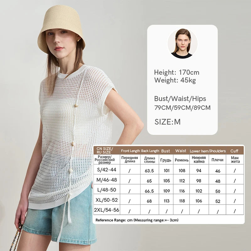 Damen-Strickpullover mit Kurzarm, beigefarbenes Netzstrickmuster, Kordelzug am Saum