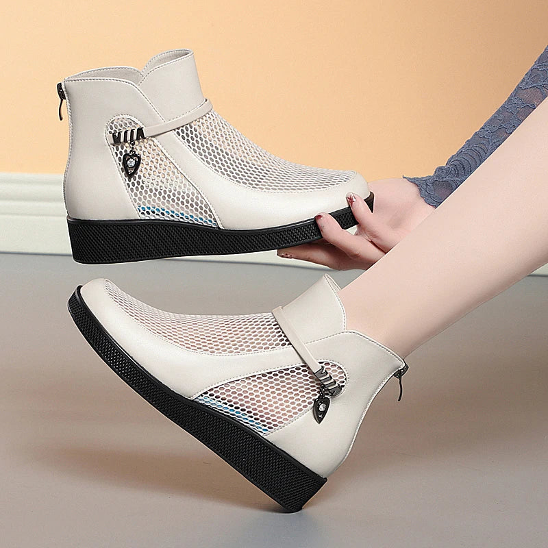 Damen Mesh Stiefel Plattform Echtes Leder
