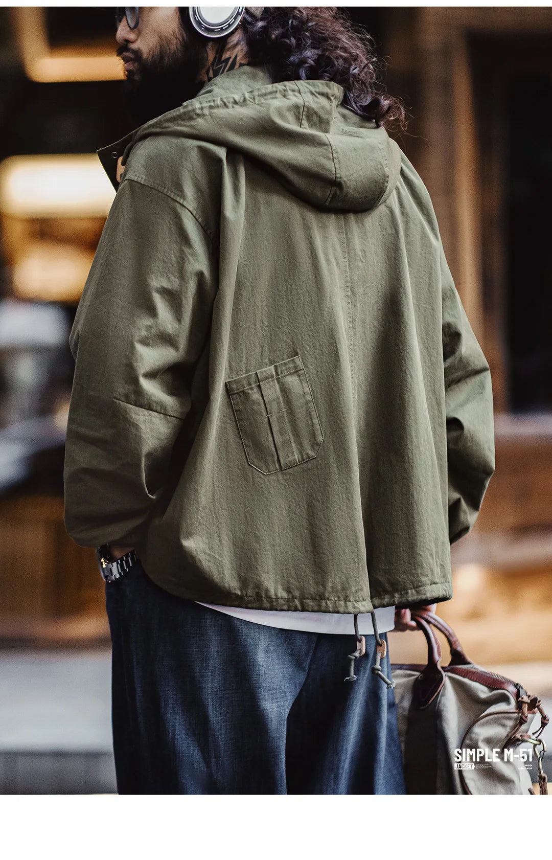 Herren Kapuzenjacke Vintage Grün Lockere Taschen Versteckte Knopfleiste