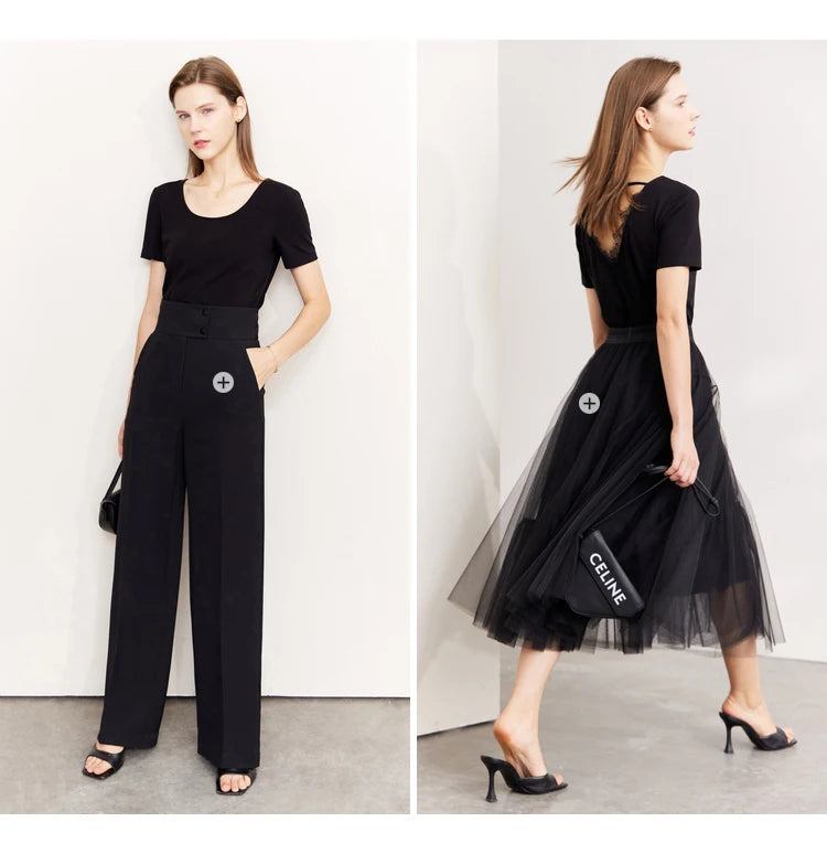 Damen T-Shirt aus mercerisierter Baumwolle mit V-Ausschnitt und Spitzen-Detail