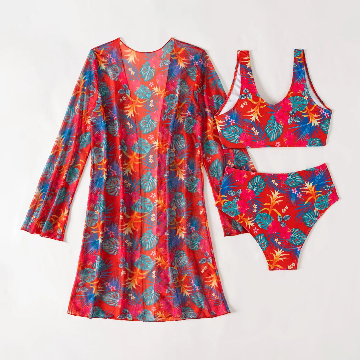 Damen-Bikini-Set mit hohem Bund und Print – dreiteiliges Badeanzug-Set für Strand und Pool