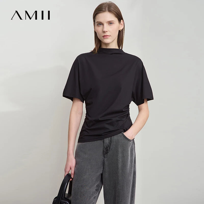 Damen T-Shirt im minimalistischen Sommer-Stil mit solidem Rollkragen und Kurzarm