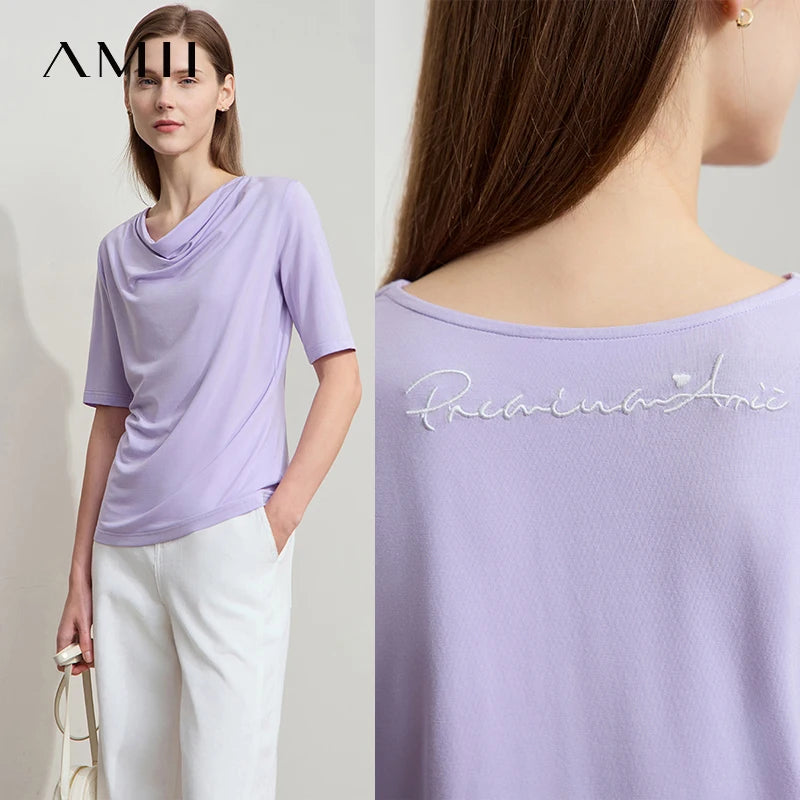 Damen T-Shirt mit drapierter Kragen- und besticktem Design aus modalem Strick