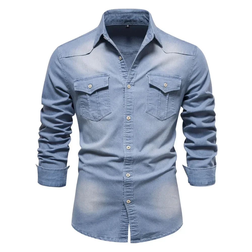 Herren Hemd aus Baumwolle im einfarbigen Denim-Look mit Tasche