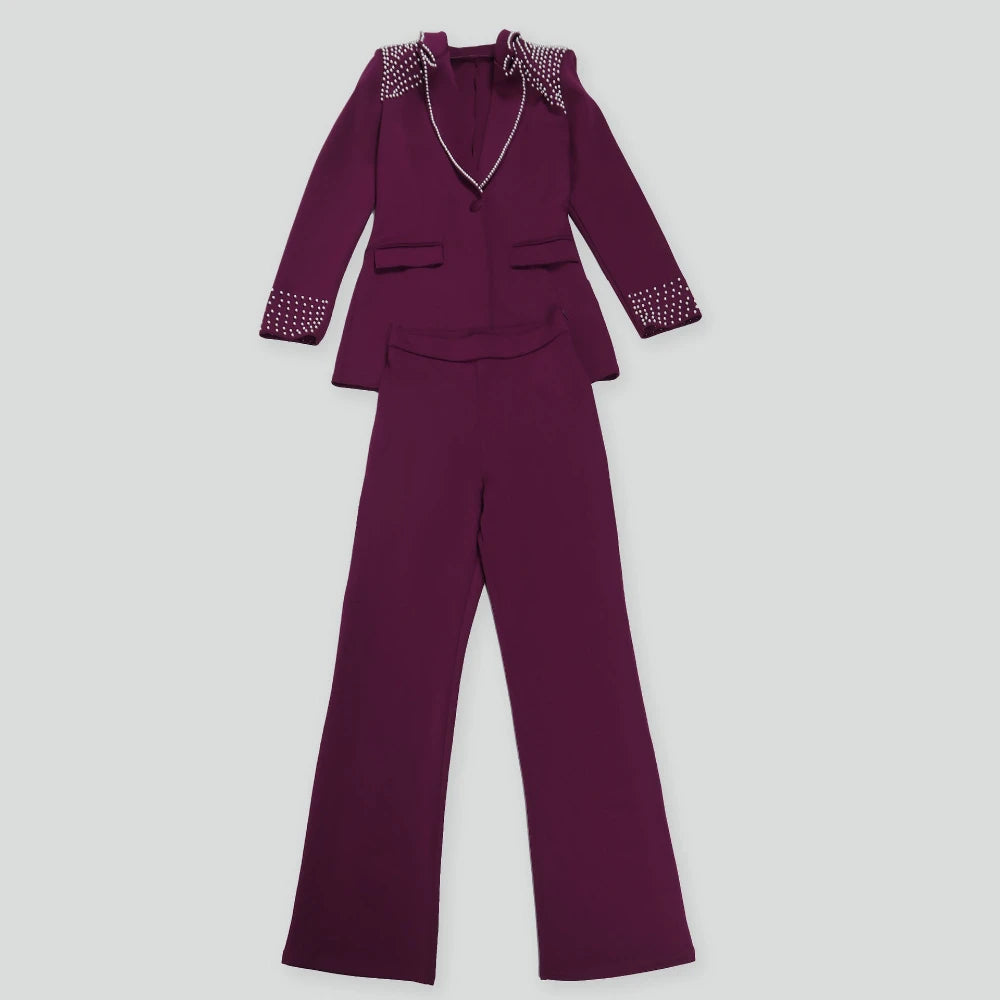 Zweiteiliges Damen-Set mit Applikationen, langärmligem Patchwork-Hemd und hoch taillierter Hose