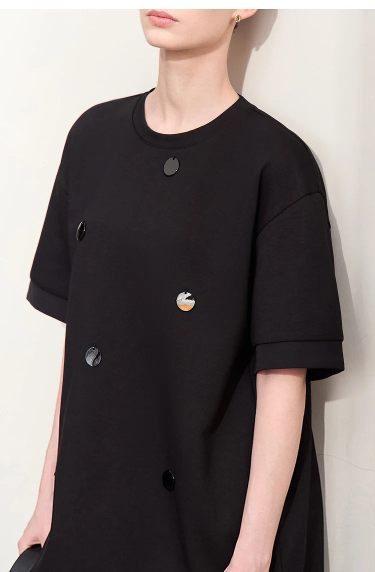 Damen T-Shirts im Minimalismus-Stil mit losem Patchwork und Dekoration