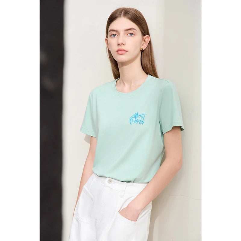 Damen T-Shirt im Minimalismus-Stil mit O-Ausschnitt und Stickerei