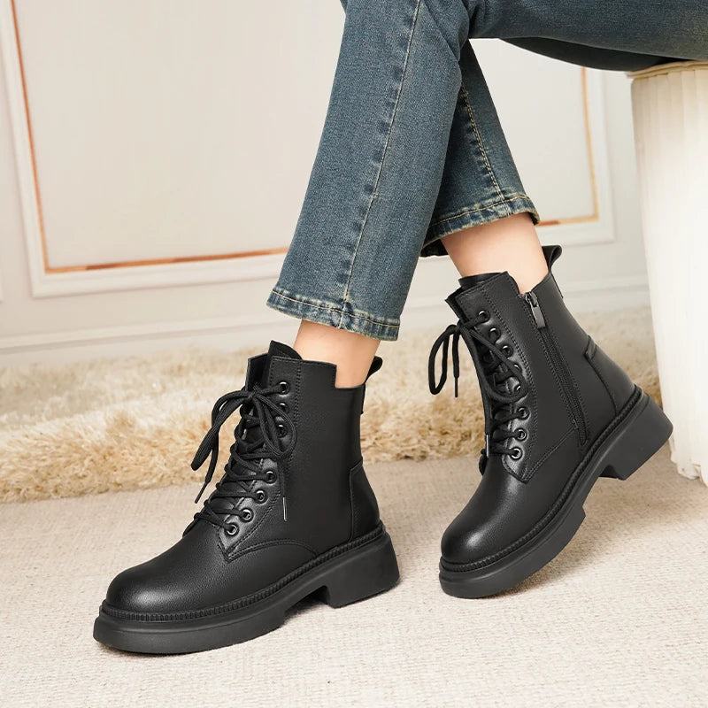 Damen Stiefeletten aus echtem Leder im Retro-Stil mit quadratischem Absatz