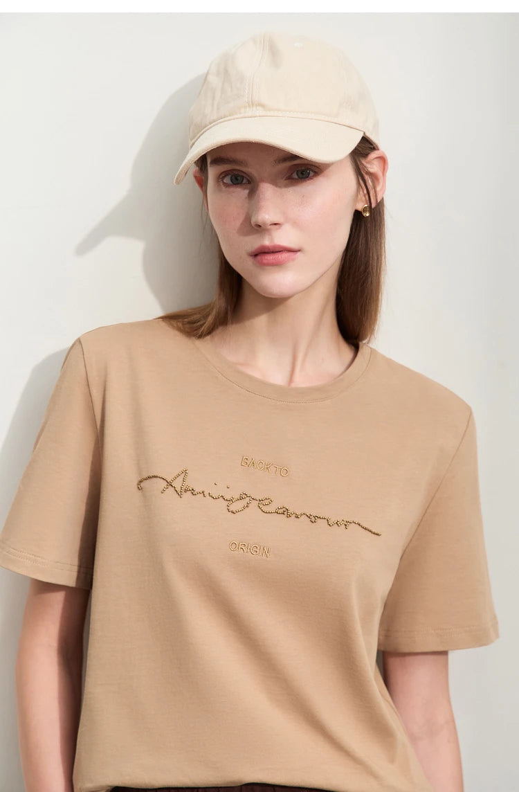 Damen T-Shirts im Minimalismus-Stil mit Kurzarm und Buchstaben-Stickerei