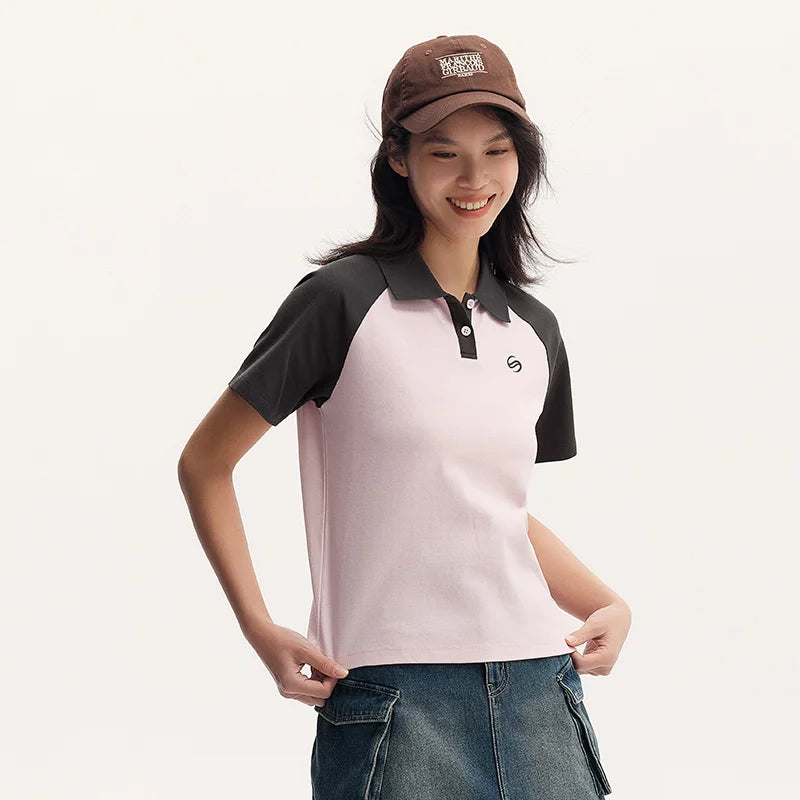 Semir Frauen Polos hirt Sommer neue Farbe Blocking Schulter fallende Ärmel American Retro Top strukturierte Kleidung Trend