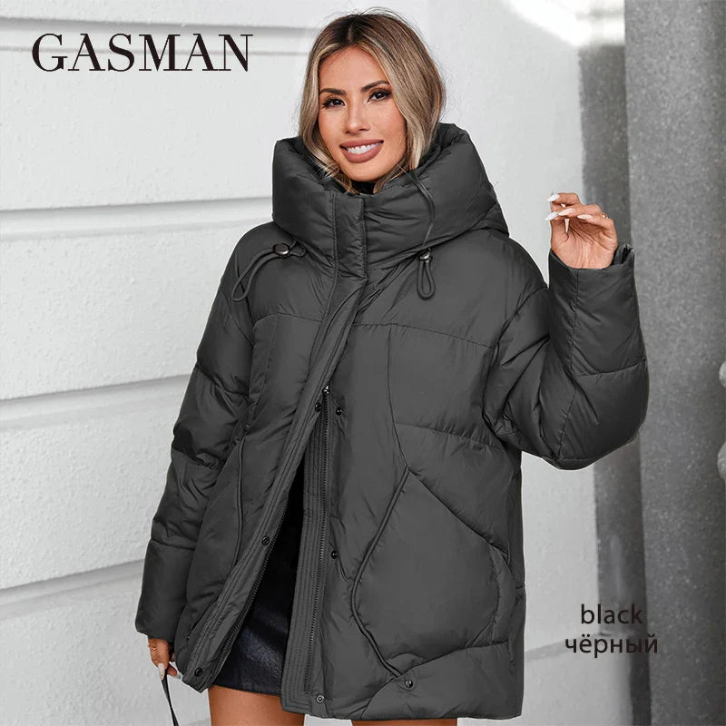 Elegante Damen-Daunenjacke mit Stehkragen und Kapuze – ideal für den Winter