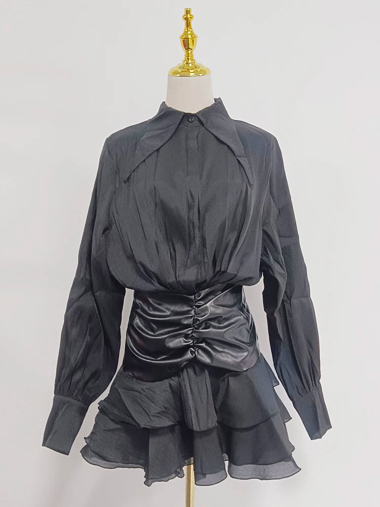 Farbblock-Spitzen-Jumpsuit für Damen mit Reverskragen und langen Ärmeln – Patchwork-Design und figurbetonte Passform.