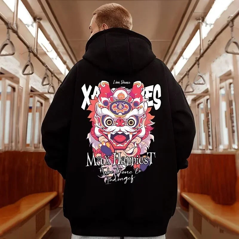 Winter Herren Lion Dance Grafik Pullover Hoodies Y2K Streetwear Fleece Mit Kapuze Sweatshirt Hip Hop Mode Übergroße Hoody Kleidung