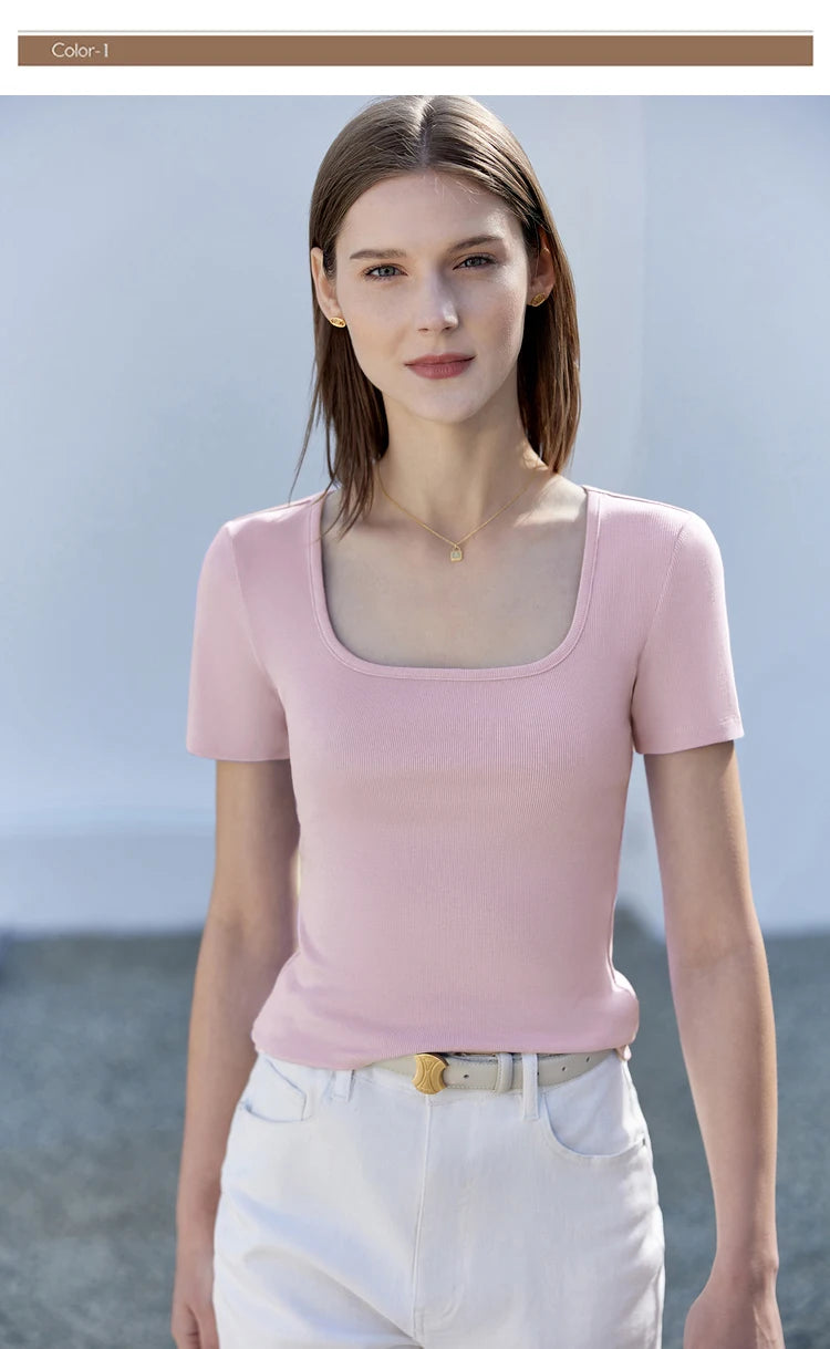 Damen Tops und T-Shirts im minimalistischen Stil mit quadratischem Kragen