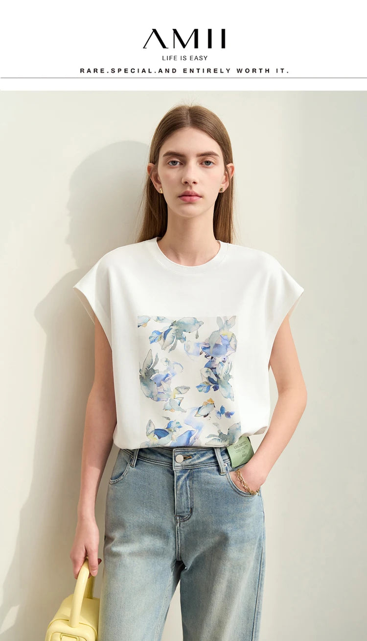 Damen T-Shirts im Minimalismus-Stil mit lässigem O-Neck und Blumen-Druck