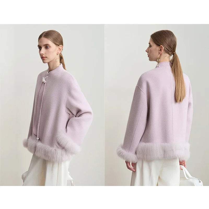 Damen Jacke im chinesischen Stil mit Perle Schnalle und Stehkragen
