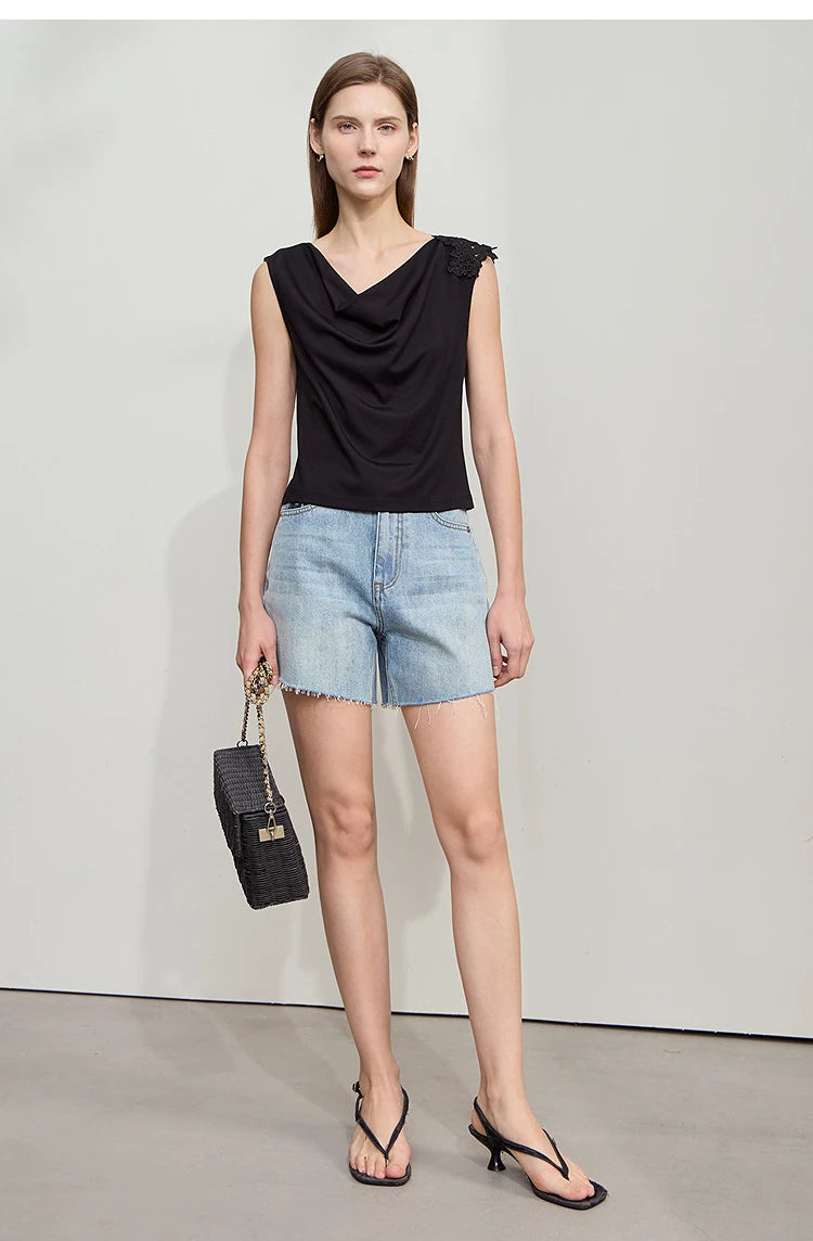 Damen Casual-T-Shirt im minimalistischen Stil mit Swing-Kragen und ärmellos