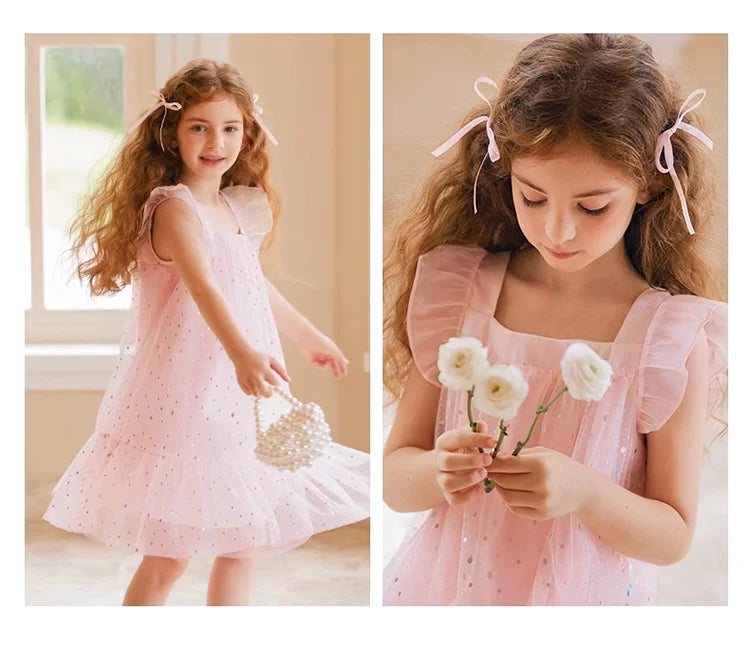 Rosa Prinzessinnen-Kleid für Mädchen mit Pailletten und Gaze – Sommerliches Partykleid für Kinder von 3 bis 12 Jahren