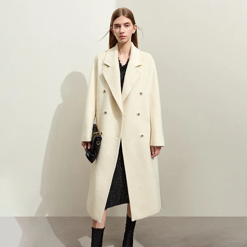 Damen Wollmantel im minimalistischen Stil mit Winter-Reverskragen und Gürtel