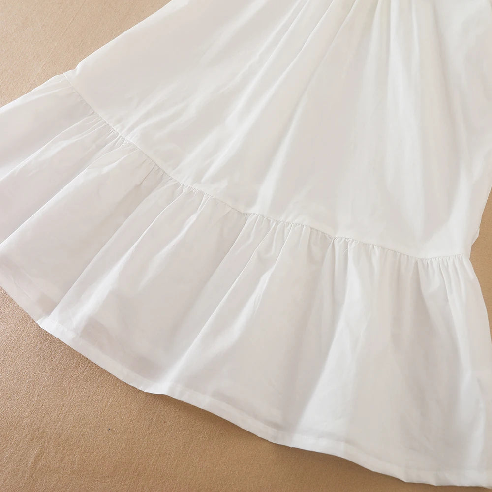 Mädchenkleid mit marineblauer Schleife, 100 % Baumwolle, kurzärmeliges, plissiertes Hemdkleid für lässige Schulkleidung, 5–12 Jahre, Sommerkleidung