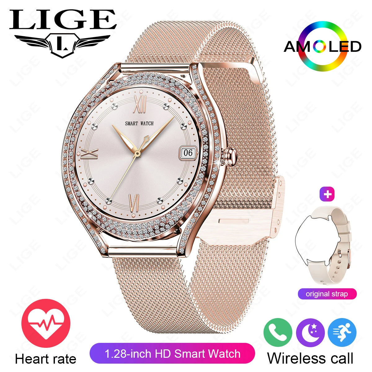 LIGE Neue Frauen Smart Uhr 1,28 Zoll Sport Fitness Armband BT HD Anruf Uhr Wasserdicht Diamant Fall Mode Smartwatch 2025