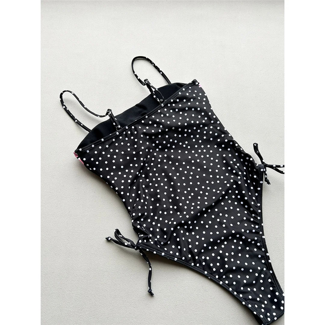 Damen Badeanzug Punkte Spleiß Schnürung hoher Beinausschnitt Monokini
