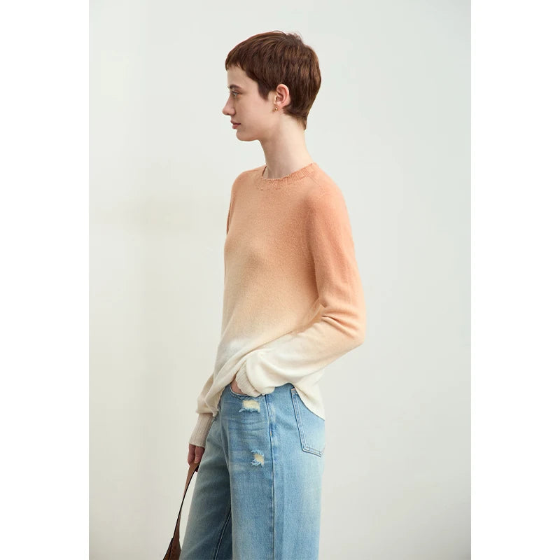 Amii Rundhals-Pullover mit Farbverlauf, lange Ärmel, gerippter Saum (Apricot zu Creme)