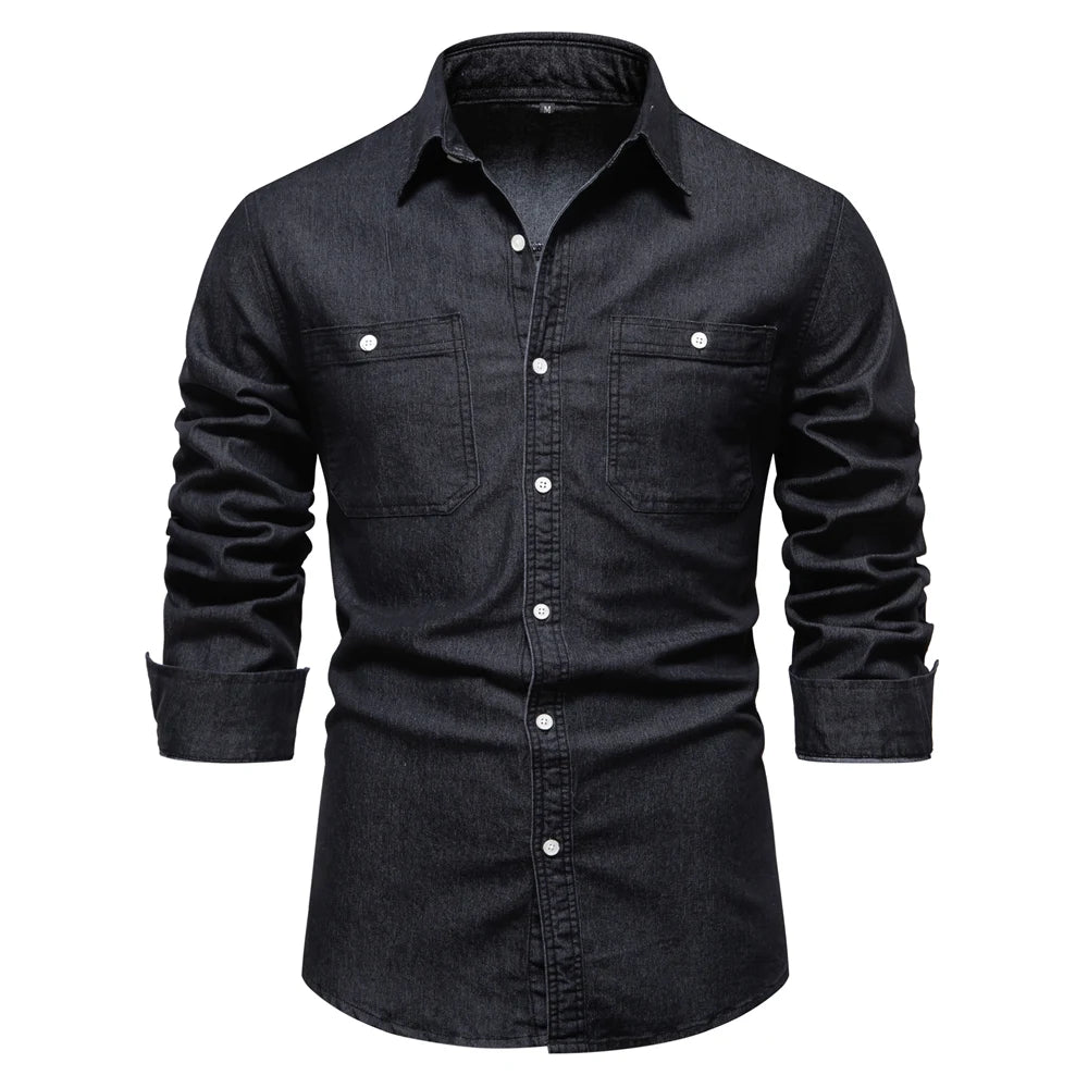 Herren Denim Hemd aus Baumwolle mit elastischem Design und doppelten Taschen