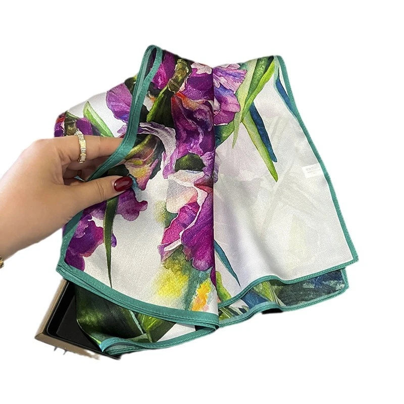 Damen Seidenschal 53cm quadratisch Blumenprint Luxus Halstuch Hijab Bandana B