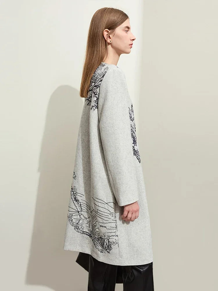 Damen Wollmantel im minimalistischen chinesischen Stil mit eleganter Stickerei