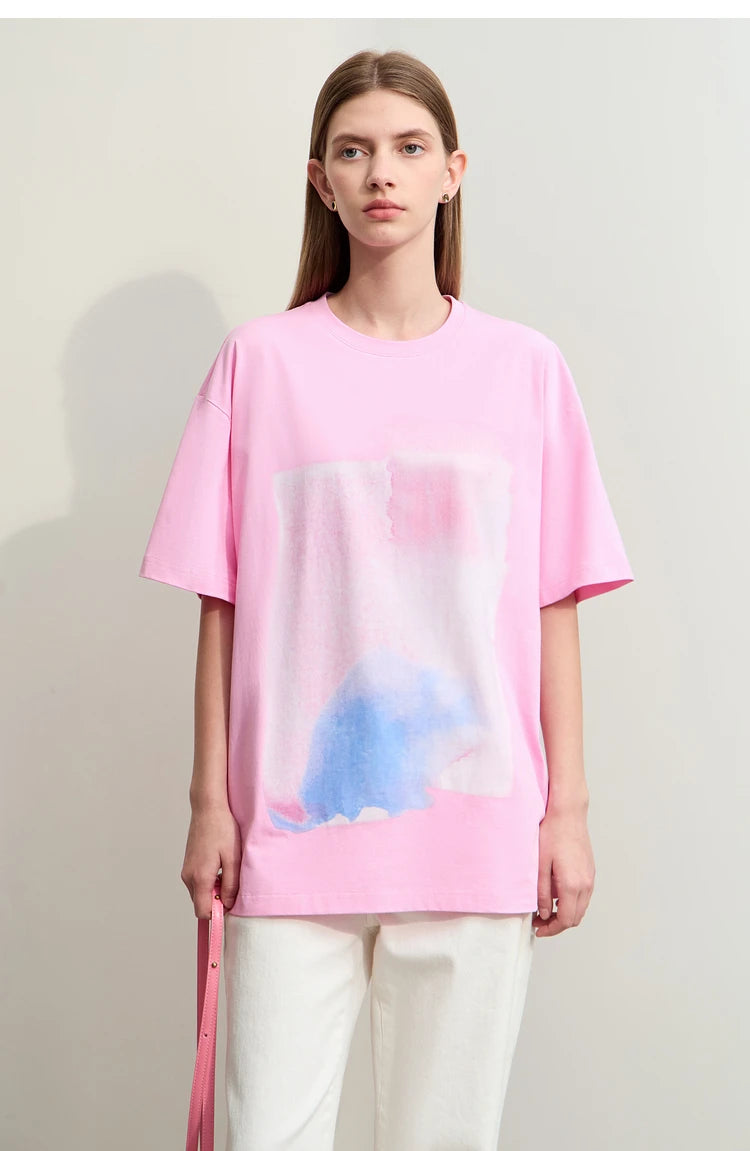 Damen T-Shirts im Minimalismus-Stil mit abstraktem Druck aus Baumwolle