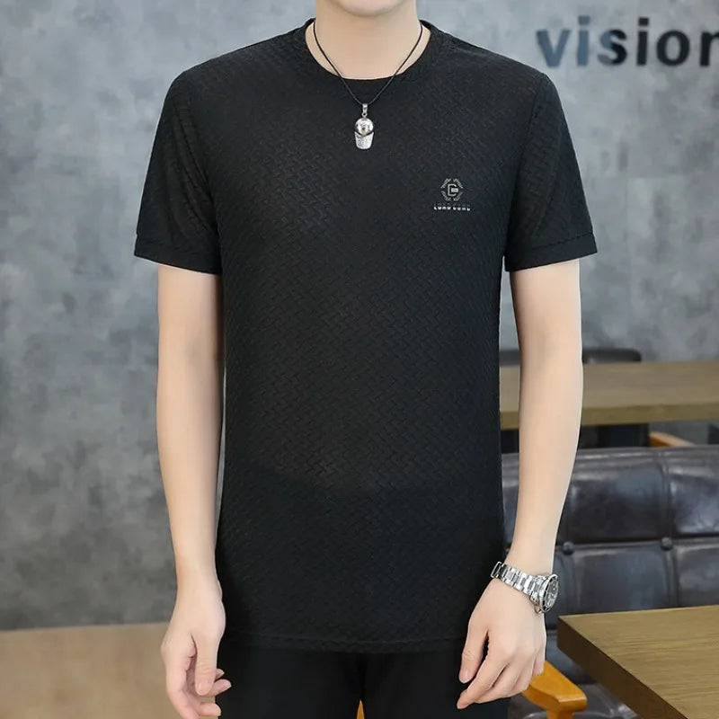 Männer T-Shirt aus Luxus-Eis-Seide mit O-Ausschnitt und kurzen Ärmeln