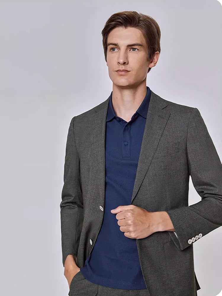 Herrenanzug-Set aus Leinen-Baumwoll-Mix mit Blazer und Hose im Slim-Stil – Sommerlich, Dünn, Doppelreihig, Langarm, Weiß Gestreift