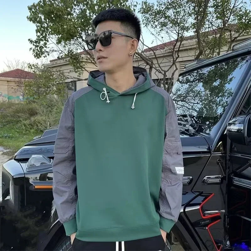 Herren Kapuzenpullover im Herbst-Patchwork mit besticktem y2k Design